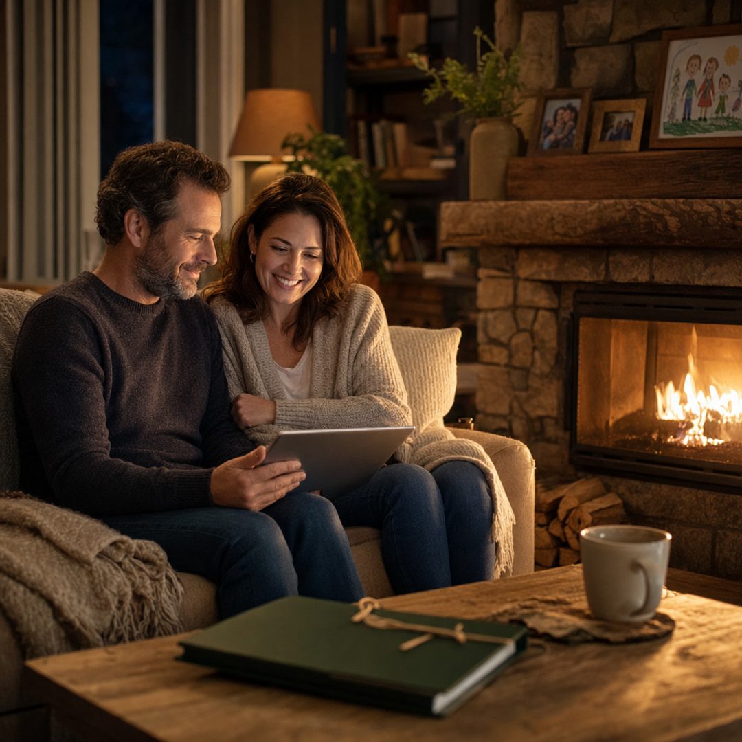 A couple relaxing by the fireplace with a will kit folder on the coffee table